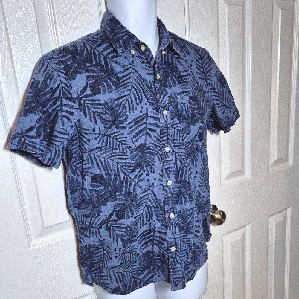 Gap Hawaiian blue linen short sleeve button shirt monsterra‎ leaf mens small - Picture 3 of 15